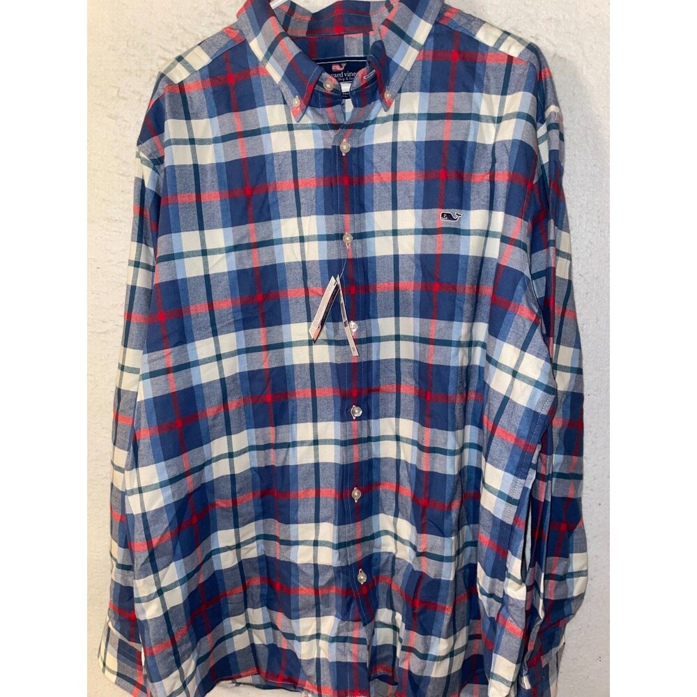 Vineyard Vines Flannel Whale Shirt Men's XXL Blue Moonshine Plaid Long Sleeve